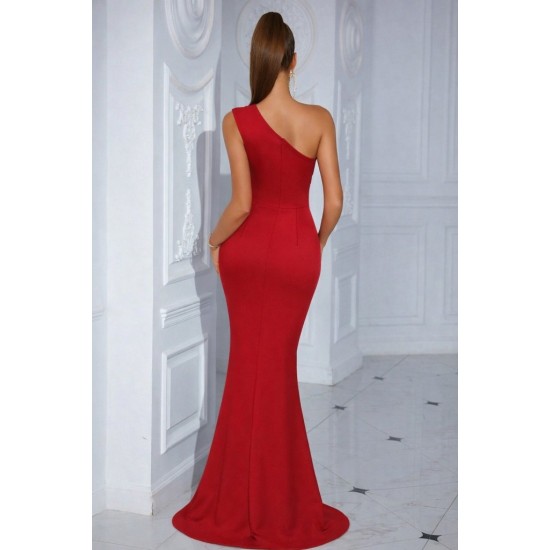 Kadın Tek Omuzdan Askılı Derin Yırtmaçlı Uzun Ithal Krep Elbise, 31586