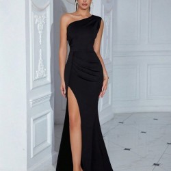 Kadın Tek Omuzdan Askılı Derin Yırtmaçlı Uzun Ithal Krep Elbise, 31584 Kadın Tek Omuzdan Askılı Derin Yırtmaçlı Uzun Ithal Krep Elbise, 31584