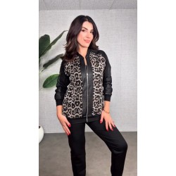 Kadın Uzun Kollu önden Fermuarlı Leopar Desenli Viskon Iki Iplik Bluz Ve Pantolon Ikili Takım , 31579