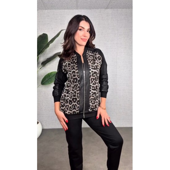 Kadın Uzun Kollu önden Fermuarlı Leopar Desenli Viskon Iki Iplik Bluz Ve Pantolon Ikili Takım , 31579