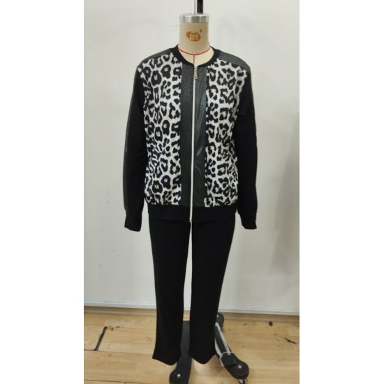 Kadın Uzun Kollu önden Fermuarlı Leopar Desenli Viskon Iki Iplik Bluz Ve Pantolon Ikili Takım , 31579