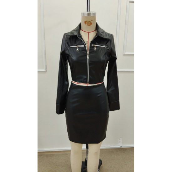 Kadın Uzun Kollu önden Fermuarlı Kısa Deri Ceket Ve Etek Ikili Takım , 31578