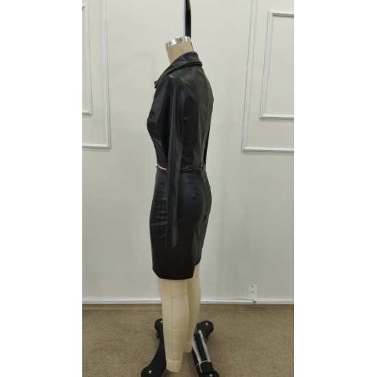 Kadın Uzun Kollu önden Fermuarlı Kısa Deri Ceket Ve Etek Ikili Takım , 31578