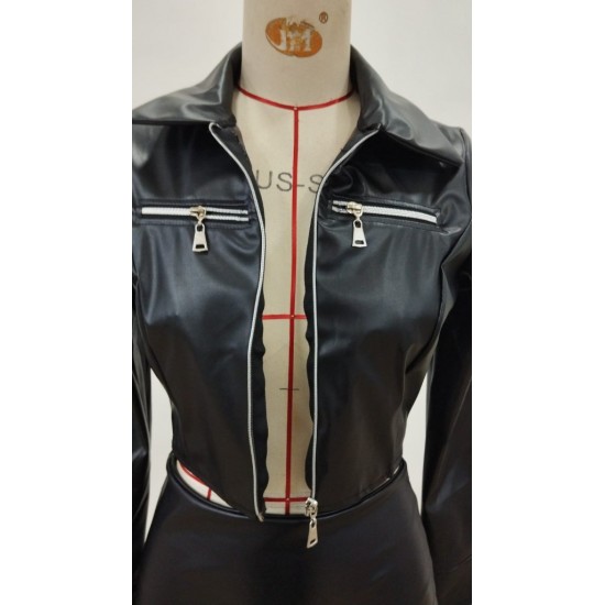 Kadın Uzun Kollu önden Fermuarlı Kısa Deri Ceket Ve Etek Ikili Takım , 31578