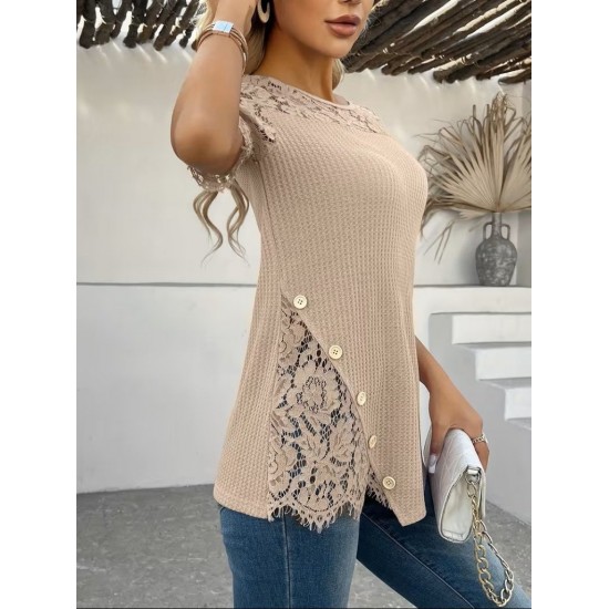 Kadın Kısa Kollu Dantel Detaylı Yandan Düğmeli Waffle Bluz , 31577 Kadın Kısa Kollu Dantel Detaylı Yandan Düğmeli Waffle Bluz , 31577