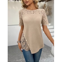 Kadın Kısa Kollu Dantel Detaylı Yandan Düğmeli Waffle Bluz , 31577 Kadın Kısa Kollu Dantel Detaylı Yandan Düğmeli Waffle Bluz , 31577