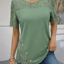 Kadın Kısa Kollu Dantel Detaylı Yandan Düğmeli Waffle Bluz , 31576 Kadın Kısa Kollu Dantel Detaylı Yandan Düğmeli Waffle Bluz , 31576