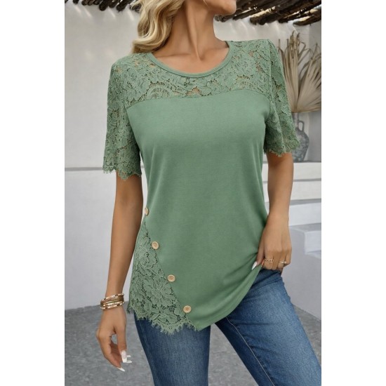 Kadın Kısa Kollu Dantel Detaylı Yandan Düğmeli Waffle Bluz , 31576