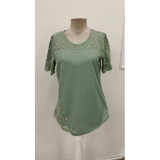 Kadın Kısa Kollu Dantel Detaylı Yandan Düğmeli Waffle Bluz , 31576