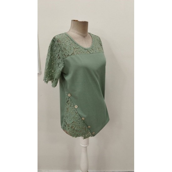 Kadın Kısa Kollu Dantel Detaylı Yandan Düğmeli Waffle Bluz , 31576