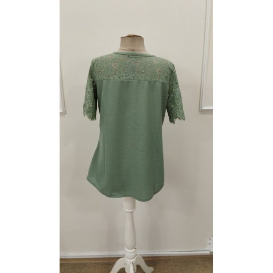 Kadın Kısa Kollu Dantel Detaylı Yandan Düğmeli Waffle Bluz , 31576