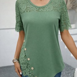 Kadın Kısa Kollu Dantel Detaylı Yandan Düğmeli Waffle Bluz , 31576