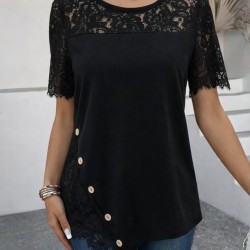 Kadın Kısa Kollu Dantel Detaylı Yandan Düğmeli Waffle Bluz , 31574