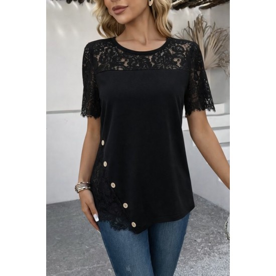 Kadın Kısa Kollu Dantel Detaylı Yandan Düğmeli Waffle Bluz , 31574