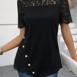 Kadın Kısa Kollu Dantel Detaylı Yandan Düğmeli Waffle Bluz , 31574 Kadın Kısa Kollu Dantel Detaylı Yandan Düğmeli Waffle Bluz , 31574