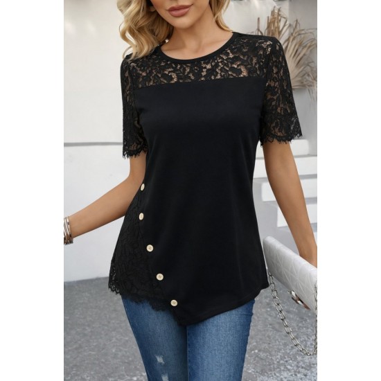 Kadın Kısa Kollu Dantel Detaylı Yandan Düğmeli Waffle Bluz , 31574