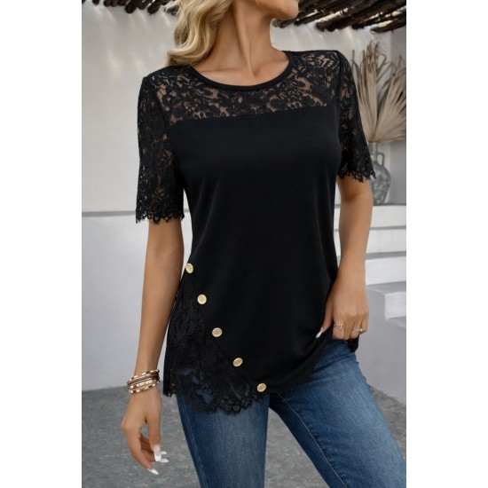 Kadın Kısa Kollu Dantel Detaylı Yandan Düğmeli Waffle Bluz , 31574