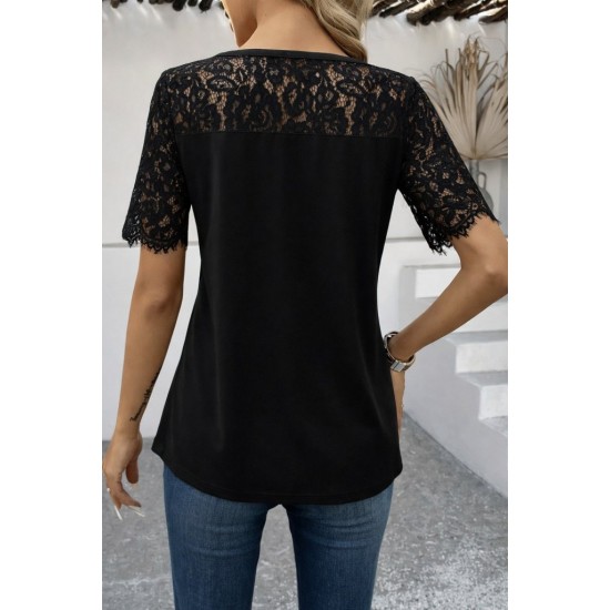 Kadın Kısa Kollu Dantel Detaylı Yandan Düğmeli Waffle Bluz , 31574