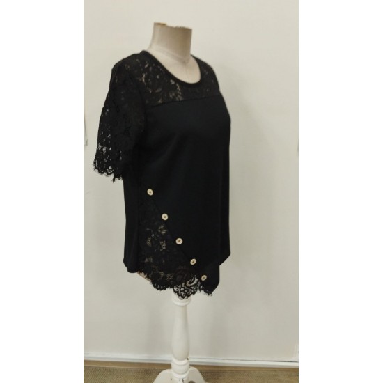 Kadın Kısa Kollu Dantel Detaylı Yandan Düğmeli Waffle Bluz , 31574