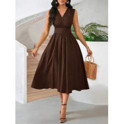 Kadın Askılı Kruvaze V Yakalı Beli Lastikli  Midi Bürümcük Elbise, 31608