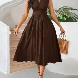 Kadın Askılı Kruvaze V Yakalı Beli Lastikli  Midi Bürümcük Elbise, 31608