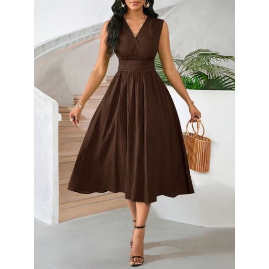 Kadın Askılı Kruvaze V Yakalı Beli Lastikli  Midi Bürümcük Elbise, 31608