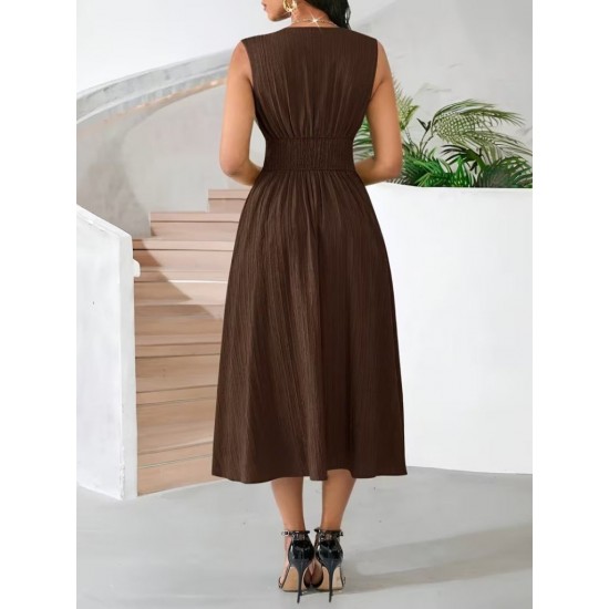 Kadın Askılı Kruvaze V Yakalı Beli Lastikli  Midi Bürümcük Elbise, 31608