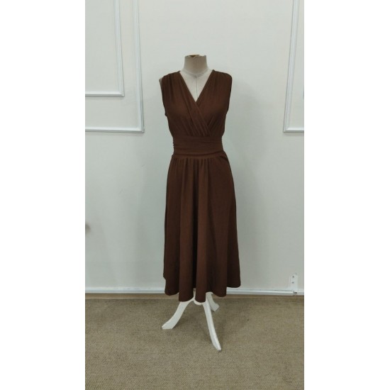 Kadın Askılı Kruvaze V Yakalı Beli Lastikli  Midi Bürümcük Elbise, 31608