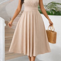 Kadın Askılı Kruvaze V Yakalı Beli Lastikli  Midi Bürümcük Elbise, 31607