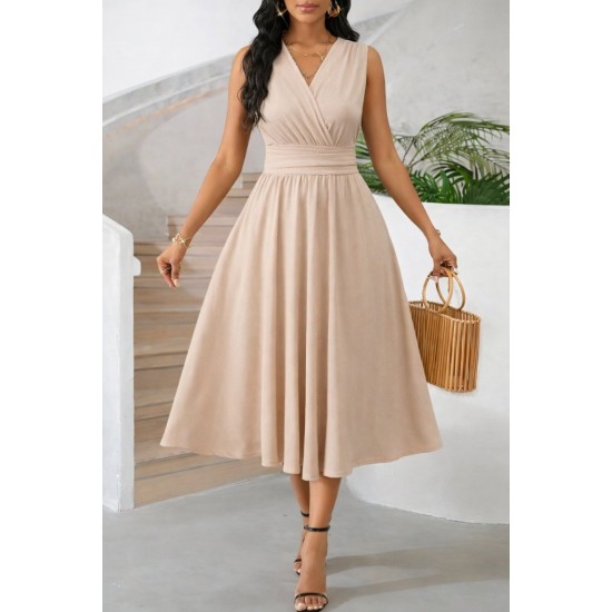 Kadın Askılı Kruvaze V Yakalı Beli Lastikli  Midi Bürümcük Elbise, 31607