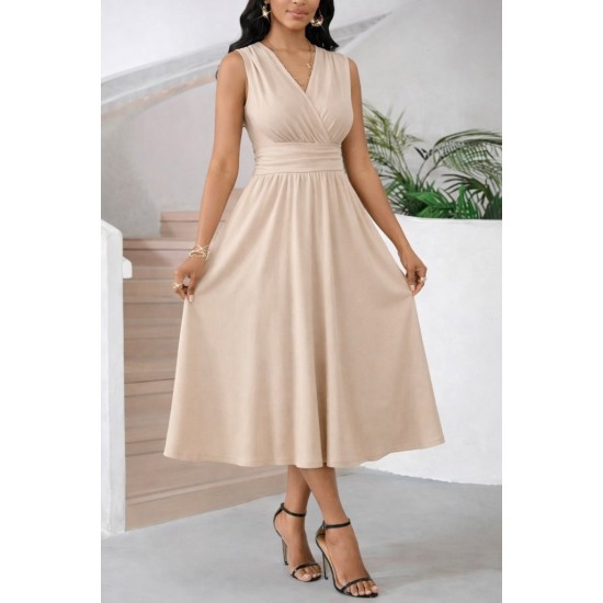 Kadın Askılı Kruvaze V Yakalı Beli Lastikli  Midi Bürümcük Elbise, 31607