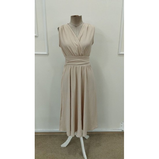 Kadın Askılı Kruvaze V Yakalı Beli Lastikli  Midi Bürümcük Elbise, 31607