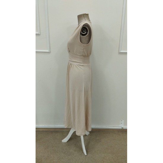 Kadın Askılı Kruvaze V Yakalı Beli Lastikli  Midi Bürümcük Elbise, 31607