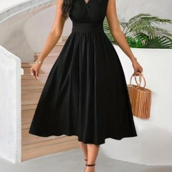 Kadın Askılı Kruvaze V Yakalı Beli Lastikli  Midi Bürümcük Elbise, 31605