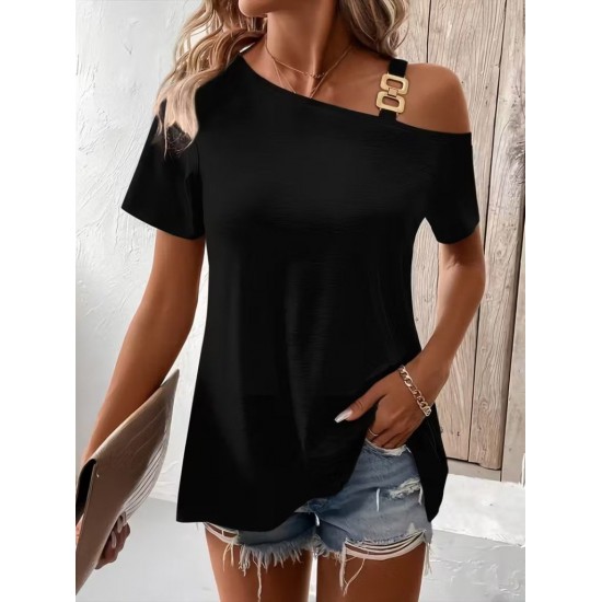 Kadın Kısa Kollu Tek Askı Detaylı Tokalı Viskon Bluz, 31601