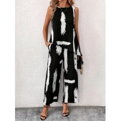 Kadın Kolsuz Bisiklet Yaka Desenli Bluz Ve Pantolon Ikili Takım , 31600