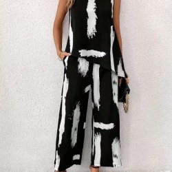 Kadın Kolsuz Bisiklet Yaka Desenli Bluz Ve Pantolon Ikili Takım , 31600