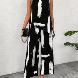 Kadın Kolsuz Bisiklet Yaka Desenli Bluz Ve Pantolon Ikili Takım , 31600 Kadın Kolsuz Bisiklet Yaka Desenli Bluz Ve Pantolon Ikili Takım , 31600