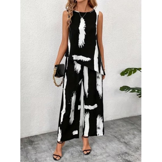 Kadın Kolsuz Bisiklet Yaka Desenli Bluz Ve Pantolon Ikili Takım , 31600