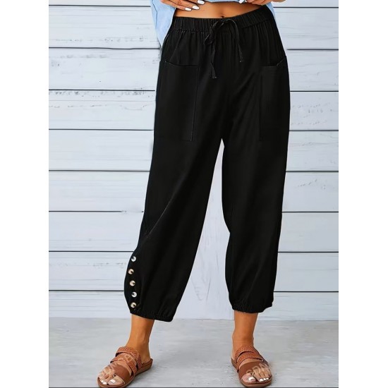 Kadın Beli Lastikli Bağcıklı Düğme Detaylı Pantolon , 31596