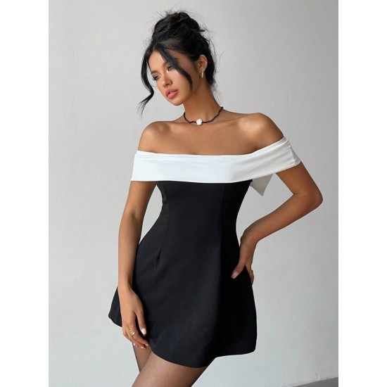 Kadın Kısa Kollu Madonna Yaka Arkadan Kurdela Detaylı Kısa Ithal Krep Elbise , 31591