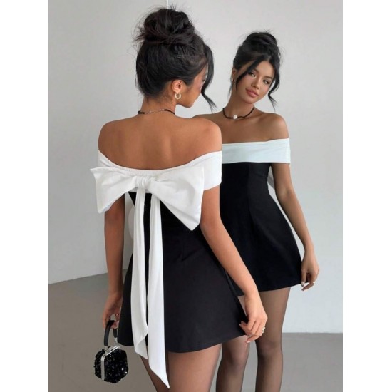 Kadın Kısa Kollu Madonna Yaka Arkadan Kurdela Detaylı Kısa Ithal Krep Elbise , 31591