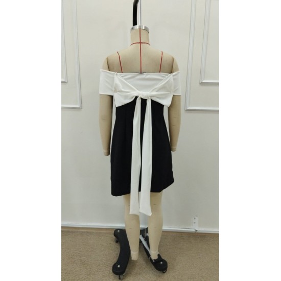 Kadın Kısa Kollu Madonna Yaka Arkadan Kurdela Detaylı Kısa Ithal Krep Elbise , 31591