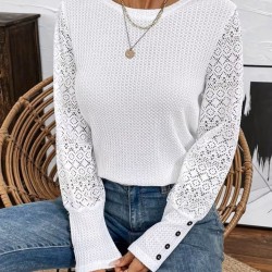 Kadın Uzun Kollu Bisiklet Yaka Kolları Tüllü Waffle Bluz , 31590