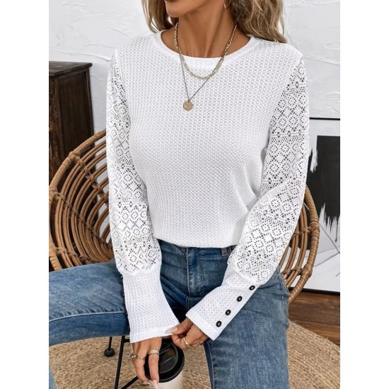 Kadın Uzun Kollu Bisiklet Yaka Kolları Tüllü Waffle Bluz , 31590