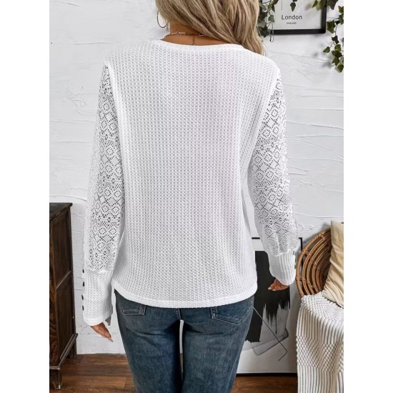 Kadın Uzun Kollu Bisiklet Yaka Kolları Tüllü Waffle Bluz , 31590