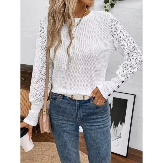 Kadın Uzun Kollu Bisiklet Yaka Kolları Tüllü Waffle Bluz , 31590