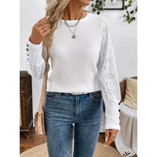 Kadın Uzun Kollu Bisiklet Yaka Kolları Tüllü Waffle Bluz , 31590