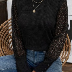 Kadın Uzun Kollu Bisiklet Yaka Kolları Tüllü Waffle Bluz , 31588