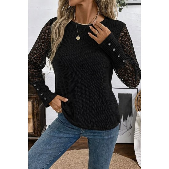 Kadın Uzun Kollu Bisiklet Yaka Kolları Tüllü Waffle Bluz , 31588